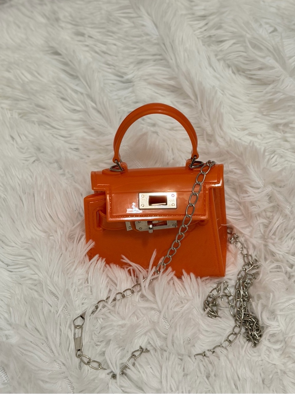 Patent Orange Mini Top-Handle Bag with Silver Chain